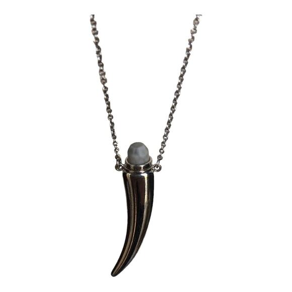 Retro Silver Tusk Shape Pendant Silver Chain Long Statement Necklace - Picture 3 of 11